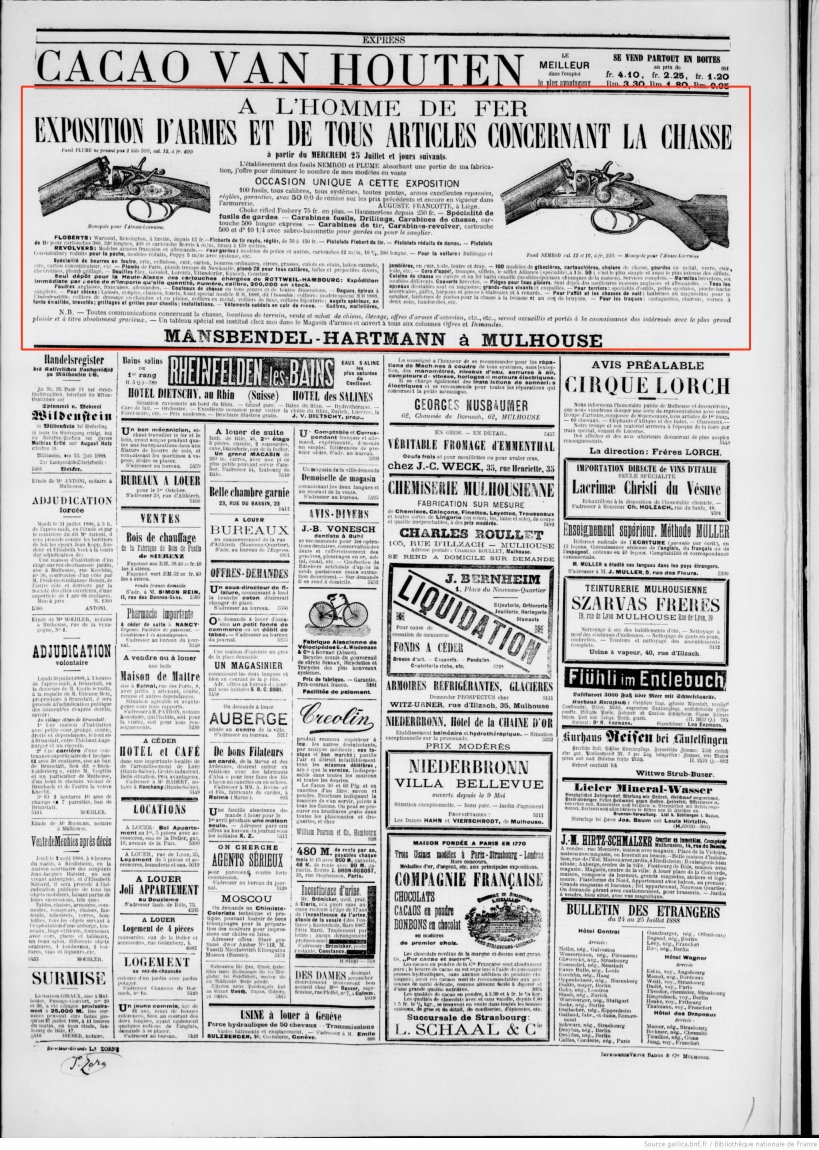 Journal L'Express de Mulhouse du 25 juillet 1888 (p.4) : exposition d'armes et de tous articles concernant la chasse.